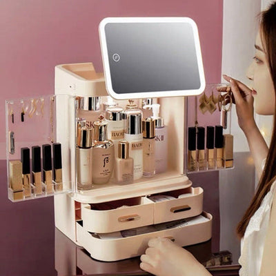 Mirror Integrated Light Desktop Large Capacity Lipstick Skin Care Products Cosmetics Storage Box CuddleNest Enterprise